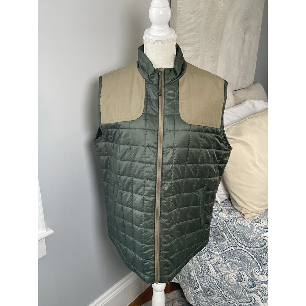 Mountain & Isles Mens L Green Quilted Puffer Vest Tan Yoke Zip